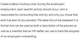 Create a table including when during the employee's
employment, each specific activity should occur, who is
responsible for conducting that activity, and why you chose that
activit as part of your process. The table should be prepared in a
format that can be used as both a description of the process as
well as a checklist that an HR staffer can use to track the progress
of an employee's onboarding.