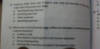 14. Expenses other than cost of goods sold, that are incurred in the entihy's
C.
major line of business are called:
a. merchandising expenses
b. servicing expenses
c. other expenses
d. operating expenses
d.
20. A
dis
a.
b.
15. Which one of the following is not a difference between a retail business and
С.
a service business?
d.
a. in what is sold
b. the inclusion of gross profit in the income statement
c. accounting equation
d. merchandise inventory included in the balance sheet
