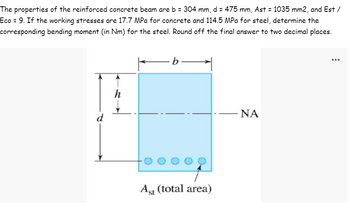 The properties of the reinforced concrete beam are b = 304 mm, d = 475 mm, Ast = 1035 mm2, and Est /
Eco = 9. If the working stresses are 17.7 MPa for concrete and 114.5 MPa for steel, determine the
corresponding bending moment (in Nm) for the steel. Round off the final answer to two decimal places.
-b-
h
ΝΑ
Ast (total area)
d