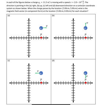 In each of the figures below, a charge \( q_1 = 11.3 \, \text{nC} \) is moving with a speed \( v = 2.0 \times 10^7 \, \text{m/s} \). The direction is pointing in the (a) right, (b) up, (c) left, and (d) downward direction on a Cartesian coordinate system as shown below. When the charge passes by the location \( (5.00 \, \text{cm}, 5.00 \, \text{cm}) \), what is the magnetic field vector (in component form) at the location \( (5.00 \, \text{cm}, 0.00 \, \text{cm}) \) for each situation?

**Diagram Descriptions:**

- **Diagram (a):** A Cartesian coordinate system with marked axes. A blue circle labeled \( q_1 \) is shown with a vector \( v \) pointing to the right. A red dot labeled \( p \) is located slightly above the x-axis, to the right of \( q_1 \).

- **Diagram (b):** Similar Cartesian coordinate system. The blue circle \( q_1 \) has the vector \( v \) pointing upward. The red dot \( p \) remains at the same position as in (a).

- **Diagram (c):** Again, same Cartesian setup. Here, \( q_1 \)'s vector \( v \) points to the left. The red dot \( p \) remains to the right of \( q_1 \).

- **Diagram (d):** In this diagram, the vector \( v \) of \( q_1 \) points downward. The position of \( p \) remains consistent with other diagrams.

These diagrams visually represent the movement of a charged particle in various directions relative to a fixed point \( p \) and are used to determine the magnetic field vector at a specified location.