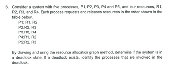 6. Consider a system with five processes, P1, P2, P3, P4 and P5, and four resources, R1,
R2, R3, and R4. Each process requests and releases resources in the order shown in the
table below.
P1: R1, R2
P2:R2, R3
P3:R3, R4
P4:R1, R2
P5:R2, R3
By drawing and using the resource allocation graph method, determine if the system is in
a deadlock state. If a deadlock exists, identify the processes that are involved in the
deadlock.