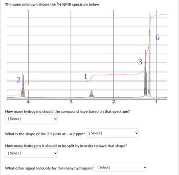 The same unknown shows the ¹H NMR spectrum below
4
3
1
2
How many hydrogens should the compound have based on that spectrum?
[Select]
What is the shape of the 2H peak at ~ 4.2 ppm? [Select]
How many hydrogens it should to be split by in order to have that shape?
[Select]
What other signal accounts for this many hydrogens? [Select]
3
6
1