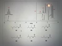 ### Nuclear Magnetic Resonance (NMR) Spectroscopy

Below is an example of an NMR spectrum followed by structural formulas of various ester compounds. NMR spectroscopy is a powerful analytical technique used to determine the structure of organic compounds by identifying the environment of hydrogen atoms (protons) in a molecule.

#### NMR Spectrum Interpretation

The NMR spectrum shown consists of multiple peaks, each corresponding to protons in different environments within the molecules. The x-axis represents the chemical shift in parts per million (PPM). The chemical shift provides information about the electronic environment surrounding the protons. The y-axis, although typically indicating the signal intensity, is not labeled in this image but illustrates the number of protons in each environment proportional to the peak height.

###### Key Observations:

1. **Chemical Shift at 5 PPM**:
   - **Multiplet Peak** indicating a complex splitting pattern.
   - Integral value of **1H** (1 proton).

2. **Chemical Shifts around 3-4 PPM**:
   - **Singlet Peaks** surrounded by **multiplets**.
   - Integral values of **3H**, **1H**, and **2H** suggest different proton environments.

3. **Chemical Shifts between 1-2 PPM**:
   - **Multiplet Peaks** with integral values indicating **3H**, **1H**, and **6H**, highlighting the presence of more shielded protons in different environments.

#### Structural Formulas

Six ester compounds are given with their corresponding labels:

1. **E1**:
   - Structural formula: ![E1](https://chem.nlm.nih.gov/chemidplus/structure/SDF/7053-36-5.sdf)
   - Simple ester with a propyl chain.

2. **E2**:
   - Structural formula: ![E2](https://chem.nlm.nih.gov/Chemidplus/structure/SDF/623-27-8.sdf)
   - Ester with two methyl groups attached to the alpha carbon.
  
3. **E3**:
   - Structural formula: ![E3](https://chem.nlm.nih.gov/chemidplus/structure/SDF/636-58-8.sdf)
   - Ester with a t-butyl group attached to the alpha carbon.
  
4. **E4**:
   - Structural formula: ![E4](https://chem.nlm.nih