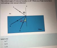 The critical angle of water-air boundary is 49°. Which ray of light shown below
will undergo total internal reflection?
Air
49°
30
55°
E
Water
D
Select one:
а. F
b. Е
C. D
