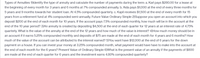 Types of Annuities 1)ldentify the type of annuity and calculate the number of payments during the term: a. Karl pays $280.00 for a lease at
the beginning of every month for 3 years and 6 months at 7% compounded annually. b. Aida pays $1,000 at the end of every three months for
5 years and 9 months towards her student loan. At 4.5% compounded quarterly. c. Kapil receives $1,500 at the end of every month for 15
years from a retirement fund at 4% compounded semi-annually. Future Value Ordinary Simple 2)Suppose you open an account into which you
deposit $200 at the end of each month for 10 years. If the account pays 7.5% compounded monthly, how much will be in the account at the
end of the 10 year period? 3)An annuity is created by depositing $4,500 at the end of each quarter for 12 years at an interest rate of 4.75%
quarterly. What is the value of the annuity at the end of the 12 years and how much of the value is interest? 4)How much money should be in
an account if it earns 5.25% compounded monthly and deposits of $75 are made at the end of each month for 4 years and 6 months? How
much of the value of the account can be attributed to the interest earned? 5) You want have $12,000 at the end of 6 years for the down
payment on a house. If you can invest your money at 3.25% compounded month, what payment would have have to make into the account at
the end of each month for the 6 years? Present Value of Ordinary Simple 6)What is the present value of an annuity if the payments of $800
are made at the end of each quarter for 6 years and the investment earns 4.80% compounded quarterly?
