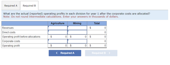 Required A Required B
What are the actual (reported) operating profits in each division for year 1 after the corporate costs are allocated?
Note: Do not round intermediate calculations. Enter your answers in thousands of dollars.
Revenues
Direct costs
Operating profit before allocations
Corporate costs
Operating profit
Agriculture
$
$
0
0
$
$
Mining
< Required A
0
0
$
$
$
Total
0
0
0
0
0
Required B >