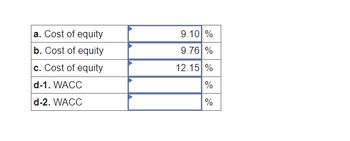 a. Cost of equity
b. Cost of equity
c. Cost of equity
d-1. WACC
d-2. WACC
9.10 %
9.76 %
12.15 %
%
%