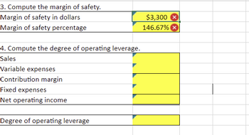 3. Compute the margin of safety.
Margin of safety in dollars
Margin of safety percentage
4. Compute the degree of operating leverage.
Sales
Variable expenses
Contribution margin
Fixed expenses
Net operating income
Degree of operating leverage
$3,300
146.67%