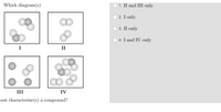 Which diagram(s)
O 1. II and III only
O 2. I only
3. II only
O 4. I and IV only
I
II
III
IV
best characterize(s) a compound?
