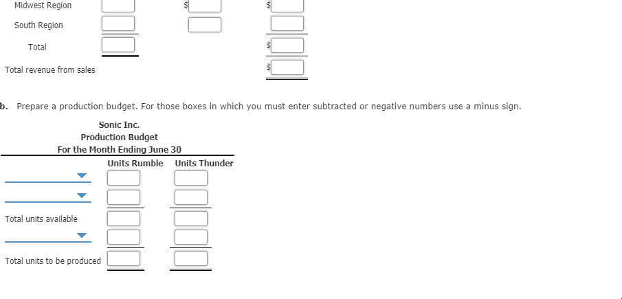 Midwest Region
South Region
Total
Total revenue from sales
b. Prepare a production budget. For those boxes in which you must enter subtracted or negative numbers use a minus sign.
Sonic Inc.
Production Budget
For the Month Ending June 30
Units Rumble
Units Thunder
Total units available
Total units to be produced
