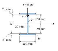 V= 40 kN
20 mm
В
150 mm
C
N-
20 mm-
A
150 mm
D
20 mm
250 mm
