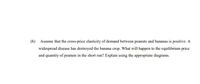 (b) Assume that the cross-price elasticity of demand between peanuts and bananas is positive. A
widespread disease has destroyed the banana crop. What will happen to the equilibrium price
and quantity of peanuts in the short run? Explain using the appropriate diagrams.
