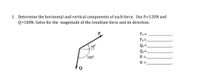 1. Determine the horizontal and vertical components of each force. Use P=120N and
Q=100N. Solve for the magnitude of the resultant force and its direction.
Px =
Py=.
Qx=.
Qy=.
R =.
30°
100°
Q
