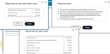 Beginning of year estimated costs
Manufacturing overhead costs
Direct labor cost
Machine hours.
Print
Determine the formula
Done
$ 630,000
$1,650,000
90,000
X
Actual end of year costs
bok/
erhea
Direct labor cost
Depreciation on manufacturing plant and equipment.
Property taxes on plant.
Sales salaries
Delivery drivers' wages.
Plant janitors' wages.
Machine hours.
Requirements
1. Compute Alton's predetermined manufacturing overhead rate.
2. How much manufacturing overhead was allocated to jobs during the year?
3. How much manufacturing overhead was incurred during the year? Is
manufacturing overhead underallocated or overallocated at the end of
the year? By how much?
4. Were the jobs overcosted or undercosted? By how much?
1,230,000
480,000
19,500
26,500
17,000
8,500
56,500 hours
$
$
$
$
$
$
Done
- X