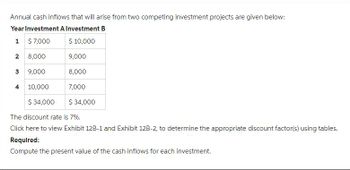 Annual cash inflows that will arise from two competing investment projects are given below:
Year Investment A Investment B
1 $7,000
$ 10,000
2
8,000
3
9,000
4
10,000
$ 34,000
9,000
8,000
7,000
$ 34,000
The discount rate is 7%.
Click here to view Exhibit 12B-1 and Exhibit 12B-2, to determine the appropriate discount factor(s) using tables.
Required:
Compute the present value of the cash inflows for each investment.