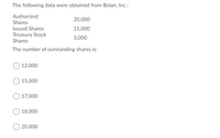 The following data were obtained from Bolan, Inc.:
Authorized
20,000
Shares
Issued Shares
15,000
Treasury Stock
Shares
3,000
The number of outstanding shares is:
12,000
15,000
O 17,000
18,000
O 20,000
