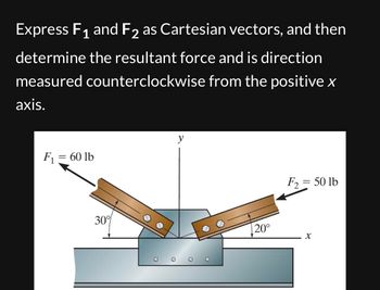 Express F₁ and F2 as Cartesian vectors, and then
determine the resultant force and is direction
measured counterclockwise from the positive x
axis.
F₁ = 60 lb
30%
y
20°
F₂ = 50 lb
X