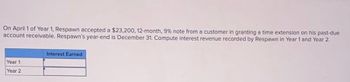 On April 1 of Year 1, Respawn accepted a $23,200, 12-month, 9% note from a customer in granting a time extension on his past-due
account receivable. Respawn's year-end is December 31. Compute interest revenue recorded by Respawn in Year 1 and Year 2.
Interest Earned
Year 1
Year 2