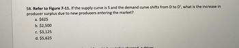 58. Refer to Figure 7-11. If the supply curve is S and the demand curve shifts from D to D', what is the increase in
producer surplus due to new producers entering the market?
a. $625
b. $2,500
c. $3,125
d. $5,625
me tell is charged a driver