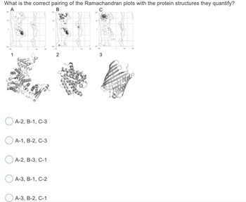 What is the correct pairing of the Ramachandran plots with the protein structures they quantify?
A
B
с
A-2, B-1, C-3
A-1, B-2, C-3
A-2, B-3, C-1
A-3, B-1, C-2
A-3, B-2, C-1
3