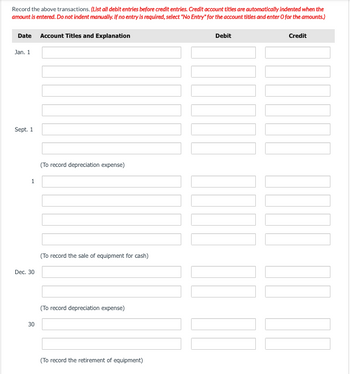 Record the above transactions. (List all debit entries before credit entries. Credit account titles are automatically indented when the
amount is entered. Do not indent manually. If no entry is required, select "No Entry" for the account titles and enter O for the amounts.)
Date Account Titles and Explanation
Jan. 1
Sept. 1
1
Dec. 30
30
(To record depreciation expense)
(To record the sale of equipment for cash)
(To record depreciation expense)
(To record the retirement of equipment)
Debit
100000
Credit
[[