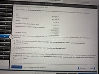 learning resour...
Cengage Learning
еBook
Show Me How
Print Item
Contribution Margin and Contribution Margin Ratio
For a recent year, McDonald's (MCD) company-owned réstaurants had the following sales and expenses (in millions):
Sales
$15,295.0
Food and packaging
$(4,896.9)
Payroll
(4,134.2)
Occupancy (rent, depreciation, etc.)
(3,667.7)
General, selling, and administrative expenses
(2,384.5)
$(15,083.3)
Operating income
$211.7
Assume that the variable costs consist of food and packaging, payroll, and 40% of the general, selling, and administrative
expenses.
a. What is McDonald's contribution margin? Round to the nearest tenth of a million (one decimal place).
million
b. What is McDonald's contribution margin ratio? Round to one decimal place.
C. How much would operating income increase if same-store sales increased by $800 million for the coming year, with no change
in the contribution margin ratio or fixed costs? Round your answer to the nearest tenth of a million (one decimal place).
million
Previous
Next
Check My Work 4 more Check My Work uses remaining.
All work saved
%24
%24
