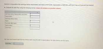 Assume a corporation has earnings before depreciation and taxes of $118,000, depreciation of $46,000, and that it has a 40 percent tax bracket.
a. Compute its cash flow using the following format. (Input all answers as positive values.)
Earnings before depreciation and taxes
Depreciation
Earnings before taxes
Taxes
Earnings after taxes
Depreciation
Cash flow
b. How much would cash flow be if there were only $12,000 in depreciation? All other factors are the same.
Cash flow