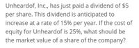 Unheardof, Inc., has just paid a dividend of $5
per share. This dividend is anticipated to
increase at a rate of 15% per year. If the cost of
equity for Unheardof is 25%, what should be
the market value of a share of the company?
