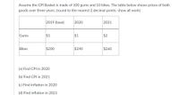 Assume the CPI Basket is made of 100 gums and 10 bikes. The table below shows prices of both
goods over three years. (round to the nearest 2 decimal points. show all work)
2019 (base)
2020
2021
Gums
$1
$1
$2
Bikes
$200
$240
$260
(a) Find CPI in 2020
(b) Find CPI in 2021
(c) Find inflation in 2020
(d) Find inflation in 2021
