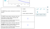 0.05-
500
1000
1500
2000
2500
3000
seconds
created
olo
Is C,H,Cl being created or destroyed by the chemical
destroyed
reaction?
Ar
neither created nor destroyed
If C,H,Cl is being created or destroyed, what is the
rate at which it is being created or destroyed 1200
seconds after the reaction starts?
Round your answer to 2 significant digits. Also be sure
your answer has the correct unit symbol.
If C,H,Cl is being created or destroyed, what is the
average rate at which it is being created or destroyed
during the first 1200 seconds of the reaction?
Round your answer to 2 significant digits. Also be sure
your answer has the correct unit symbol.
