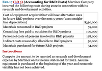 E12.17 (LO 5) (Accounting for R&D Costs) Martinez Company
incurred the following costs during 2022 in connection with its
research and development activities.
Cost of equipment acquired that will have alternative uses
in future R&D projects over the next 5 years (uses straight-
line depreciation)
Materials consumed in R&D projects
$330,000
59,000
Consulting fees paid to outsiders for R&D projects
100,000
Personnel costs of persons involved in R&D projects
128,000
Indirect costs reasonably allocable to R&D projects
50,000
Materials purchased for future R&D projects
34,000
Instructions
Compute the amount to be reported as research and development
expense by Martinez on its income statement for 2022. Assume
equipment is purchased at the beginning of the year and economic
viability has not been achieved.
