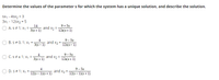 Determine the values of the parameter s for which the system has a unique solution, and describe the solution.
Sx1 - 4sx2 = 3
3x1 - 12sx2 = 5
9 + 5s
A. s+ 1; X1 :
14
and x2
3(s + 1)
12s(s+ 1)
4
9- 5s
B. s + 0, 1; X1
and x2 =
3(s - 1)
12s(s- 1)
4
and x2
9- 5s
O C.s++ 1; X1 =
3(s + 1)
12s(s+ 1)
4
9- 5s
O D. s+ 1; X1 =
and x2
12(s - 1)(s + 1)
12(s - 1)(s + 1)
