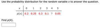 Use the probability distribution for the random variable \( x \) to answer the question.

\[
\begin{array}{c|cccccc}
x & 0 & 1 & 2 & 3 & 4 & 5 \\
\hline
p(x) & 0.2 & 0.25 & 0.3 & 0.1 & ? & 0.05 \\
\end{array}
\]

Find \( p(4) \).

[Input Box Here]