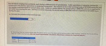 Ace Architects employs two architects, each having a different area of specialization. Caitlin specializes in industrial commercial
construction and Zachary specializes in residential construction. Ace expects to incur total overhead costs of $737,100 during the year
and applies overhead based on annual salary costs. Caitlin is a senior partner, her annual salary is $168,750, and she is expected to
bill 3,000 hours during the year. Zachary is a senior associate, his annual salary is $94,500, and he is expected to bill 2,800 hours
during the year.
a. Calculate the predetermined overhead rate.
Predetermined Overhead Rate
b. Assuming that the hourly billing rate should be set to cover the total cost of services plus a 20% markup, compute the hourly billing
rates for Caitlin and Zachary. (Do not round intermediate calculations. Round your answers to 2 decimal places.)
Caltin
Zachary
%
Billing rate
per hour
per hour