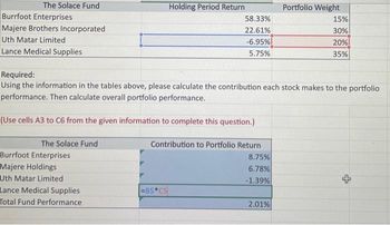 The Solace Fund
Burrfoot Enterprises
Majere Brothers Incorporated
Uth Matar Limited
Lance Medical Supplies
Burrfoot Enterprises
Majere Holdings
Uth Matar Limited
Lance Medical Supplies
Total Fund Performance
Holding Period Return
58.33%
22.61%
-6.95%
5.75%
=B5*C5
Required:
Using the information in the tables above, please calculate the contribution each stock makes to the portfolio
performance. Then calculate overall portfolio performance.
(Use cells A3 to C6 from the given information to complete this question.)
The Solace Fund
Contribution to Portfolio Return
8.75%
6.78%
-1.39%
Portfolio Weight
2.01%
15%
30%
20%
35%