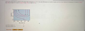 Level curves (isothermals) are shown for the typical water temperature (in °C) in Long Lake (Minnesota) as a function of depth and time of year. Estimate the temperature in the lake on October 7
(day 280) at a depth of 5 m and on August 28 (day 240) at a depth of 10 m.
Depth (m)
0
Need Help?
5-
8
10+
12 16
15+
+
120
day 280 and depth 5 m
day 240 and depth 10 m
Read It
20
160
+
Watch It
8
200
Day of the year
20 16 12
240
°C
°℃
280