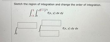 Sketch the region of integration and change the order of integration.
3
y
1²₁6V³-Y²₁
-3 JO
f(x, y) dx dy
f(x, y) dy dx