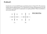 Problem5)
Consider the two 8-point QAM signal constellations shown in Figure P3.6. The minimum
distance between adjacent points is 2A. Determine the average transmitted power for each
constellation, assuming that the signal points are equally probable. Which constellation is
more power-efficient?
FIGURE P3.6
(a)
(b)
