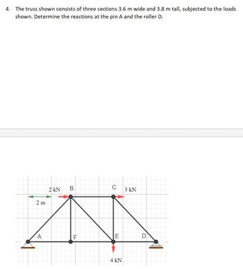 4. The truss shown consists of three sections 3.6 m wide and 3.8 m tall, subjected to the loads
shown. Determine the reactions at the pin A and the roller D.
2 KN B
C 3 kN
M
E
2 m
A
4 kN
D