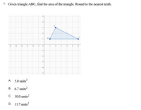 1. Given triangle ABC, find the area of the triangle. Round to the nearest tenth.
A
-3
A
5.0 units²
B.
6.7 units²
C.
10.0 units²
D. 11.7 units²
-1
2
0
-1-
-2
-3
B