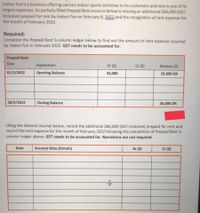 Indoor Fun is a business offering various indoor sports activities to its customers and rent is one of its
largest expenses. Its partially filled Prepaid Rent account below is missing an additional $66,000 (GST-
inclusive) prepaid for rent by Indoor Fun on February 8, 2022 and the recognition of rent expense for
the month of February 2022.
Required:
Complete the Prepaid Rent 3-column ledger below to find out the amount of rent expense incurred
by Indoor Fun in February 2022. GST needs to be accounted for.
Prepaid Rent
Date
Explanation
Dr ($)
Cr ($)
Balance ($)
01/2/2022
Opening Balance
33,000
33,000 DR
28/2/2022
Closing Balance
24,000 DR
Using the General Journal below, record the additional $66,000 (GST-inclusive) prepaid for rent and
record the rent expense for the month of February 2022 following the completion of Prepaid Rent 3-
column ledger above. GST needs to be accounted for. Narrations are not required.
Date
Account titles (Details)
Dr ($)
Cr ($)
