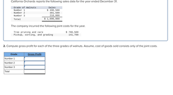 **California Orchards Sales Report**

California Orchards reports the following sales data for the year ended December 31:

| Grade of Walnuts | Sales     |
|-----------------|-----------|
| Number 1        | $490,500  |
| Number 2        | $381,500  |
| Number 3        | $218,000  |
| **Total**       | **$1,090,000** |

The company incurred the following joint costs for the year:

- Tree pruning and care: $708,500
- Pickup, sorting, and grading: $141,700

**Assignment:**

1. **Compute Gross Profit for Walnuts:**

   Compute the gross profit for each of the three grades of walnuts. Assume the cost of goods sold consists only of the joint costs.

   | Grade    | Gross Profit |
   |----------|--------------|
   | Number 1 |              |
   | Number 2 |              |
   | Number 3 |              |
   | **Total** |              |

**Instructions:**

Use the sales data and joint costs to determine the gross profit for each grade of walnuts. Consider the sales revenue and deduct the joint costs allocated to each grade to find the gross profit accordingly.