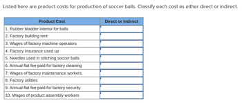 Listed here are product costs for production of soccer balls. Classify each cost as either direct or indirect.
Product Cost
1. Rubber bladder interior for balls
2. Factory building rent
3. Wages of factory machine operators
4. Factory insurance used up
5. Needles used in stitching soccer balls
6. Annual flat fee paid for factory cleaning
7. Wages of factory maintenance workers
8. Factory utilities
9. Annual flat fee paid for factory security
10. Wages of product assembly workers
Direct or Indirect