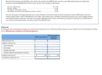 Burchard Company sold 45,000 units of its only product for $18.00 per unit this year. Manufacturing and selling the
product required $320,000 of fixed costs. Its per unit variable costs follow.
Direct materials
Direct labor
Variable overhead costs
Variable selling and administrative costs
For the next year, management will use a new material, which will reduce direct materials costs to $1.50 per unit and
reduce direct labor costs to $2.80 per unit. Sales, total fixed costs, variable overhead costs per unit, and variable selling
and administrative costs per unit will not change. Management is also considering raising its selling price to $23.40 per
unit, which would decrease unit sales volume to 38,250 units.
Required:
1. Compute the contribution margin per unit from (a) using the new material and (b) using the new material and increasing the selling
price. (Round your answers to 2 decimal places.)
Sales price per unit
Variable costs per unit
Direct materials
Direct labor
Variable overhead
Variable selling & administrative expenses
Variable costs per unit
Contribution margin per unit
With new material
$ 5.00
4.00
0.50
0.30
$
With new material
and price
increase
0.00 $
0.00