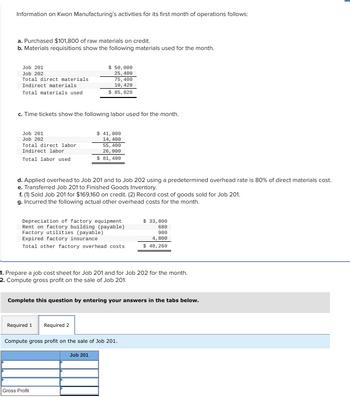 Answered: Prepare A Job Cost Sheet For Job 201… | Bartleby