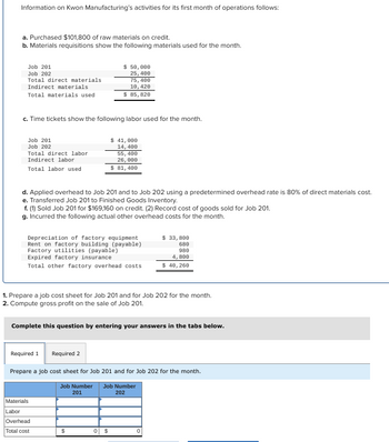 Answered: Prepare A Job Cost Sheet For Job 201… | Bartleby