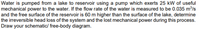 Water is pumped from a lake to reservoir using a pump which exerts 25 kW of useful
mechanical power to the water. If the flow rate of the water is measured to be 0.035 m³/s
and the free surface of the reservoir is 60 m higher than the surface of the lake, determine
the irreversible head loss of the system and the lost mechanical power during this process.
Draw your schematic/ free-body diagram.
