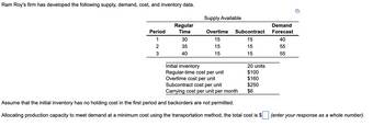 Ram Roy's firm has developed the following supply, demand, cost, and inventory data.
Period
1
2
3
Regular
Time
30
35
40
Supply Available
Overtime Subcontract
15
15
15
15
15
15
Initial inventory
Regular-time cost per unit
Overtime cost per unit
Subcontract cost per unit
Carrying cost per unit per month
Assume that the initial inventory has no holding cost in the first period and backorders are not permitted.
Allocating production capacity to meet demand at a minimum cost using the transportation method, the total cost is $
20 units
$100
$160
$250
$6
Demand
Forecast
40
55
55
ח
(enter your response as a whole number).