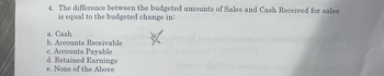 4. The difference between the budgeted amounts of Sales and Cash Received for sales
is equal to the budgeted change in:
a. Cash
b. Accounts Receivable
c. Accounts Payable
d. Retained Earnings
e. None of the Above