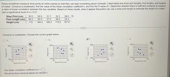 Police sometimes measure shoe prints at crime scenes so that they can learn something about criminals. Listed below are shoe print lengths, foot lengths, and heights
of males. Construct a scatterplot, find the value of the linear correlation coefficient r, and find the P-value of r. Determine whether there is sufficient evidence to support
a claim of linear correlation between the two variables. Based on these results, does it appear that police can use a shoe print length to estimate the height of a male?
Use a significance level of α = 0.01.
Shoe Print (cm)
Foot Length (cm)
Height (cm)
Height (cm)
Construct a scatterplot. Choose the correct graph below.
OA.
OB.
200-
160+
25
+
Shoe Print (cm)
30.5
26.2
172
35
30.5 31.7 32.2
26.0 27.5 26.5
184.3 185.5 175.9 167.9
Q
Height (cm)
The linear correlation coefficient is r =
(Round to three decimal places as needed.)
200-
160+
25
PI
28.0
24.3
P
Shoe Print (cm)
35
Q
Q
C
M
C.
200-
160-
25
Shoe Print (cm)
35
Q
Q
O D.
Height
200-
160-
25
..
•
Shoe Print (cm)
35
Q